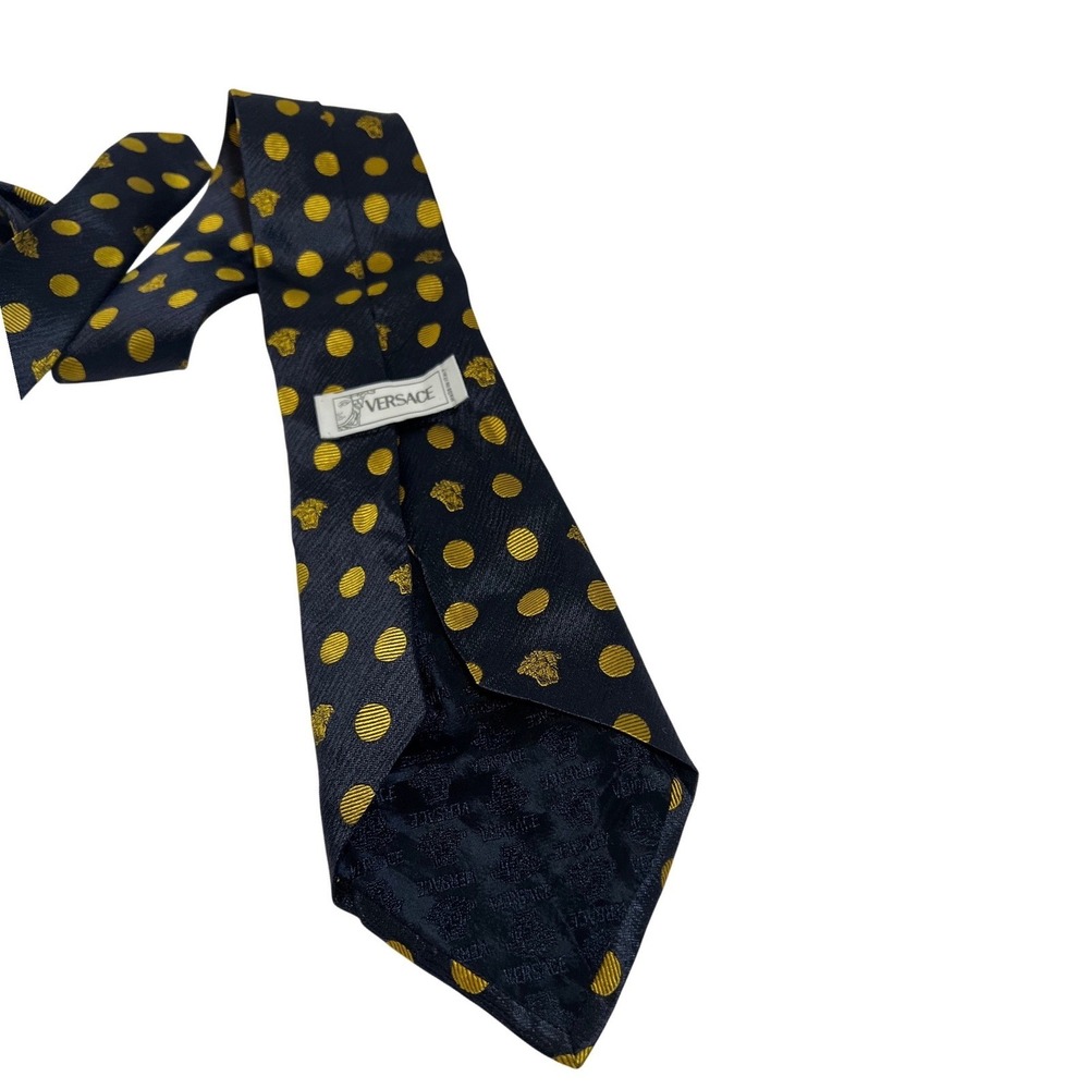 Versace Necktie Mens OS Navy Blue Gold Polka Dot Medusa Head Silk Made in Italy - Picture 3 of 12